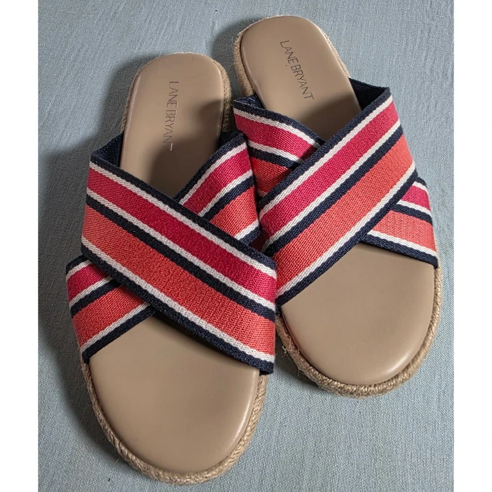 Lane Bryant Red White Blue Striped Espadrille Slide Sandals 8W 601251096
